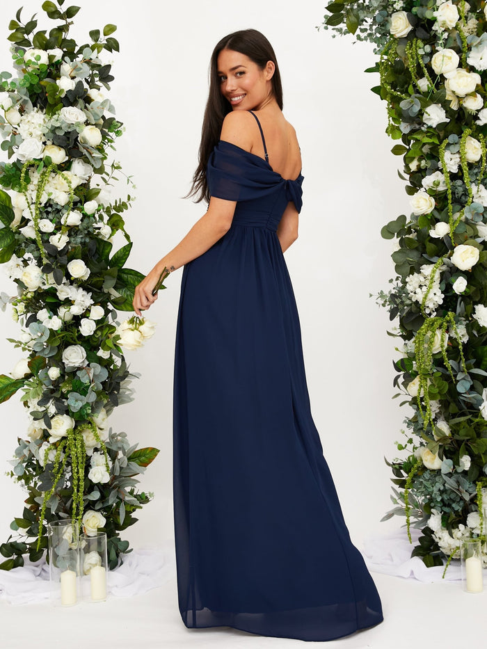 Cold Shoulder Maxi Chiffon Dress / Navy - Style Cheat