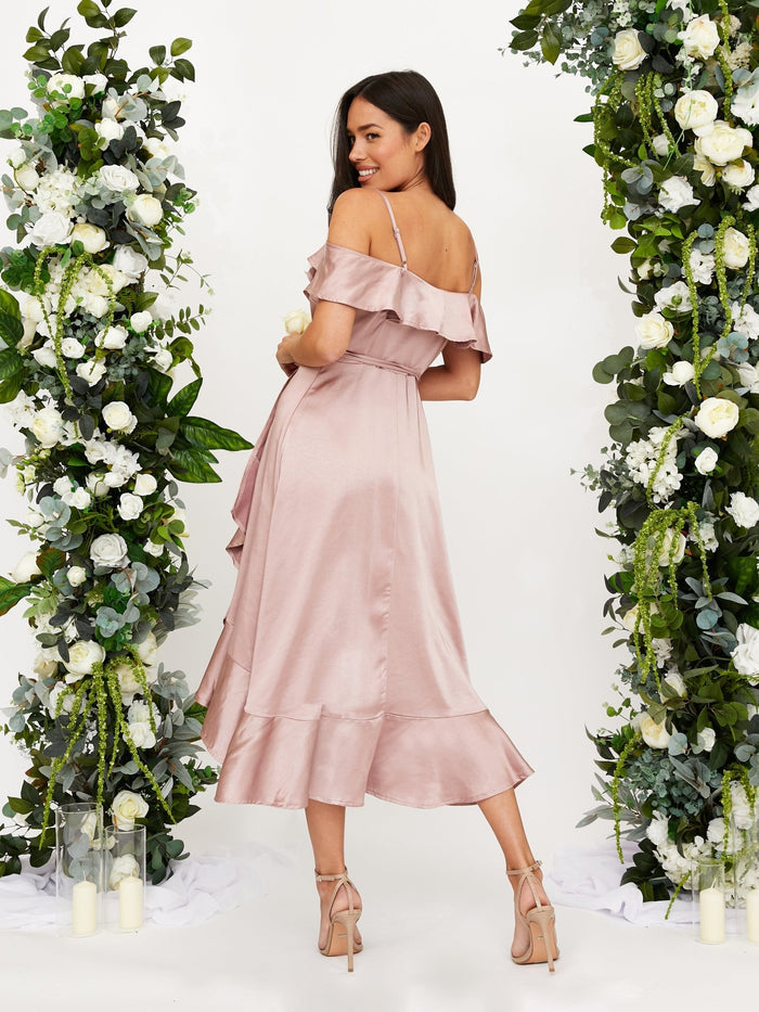 Cold Shoulder Midi Wrap Satin Dress / Blush - Style Cheat