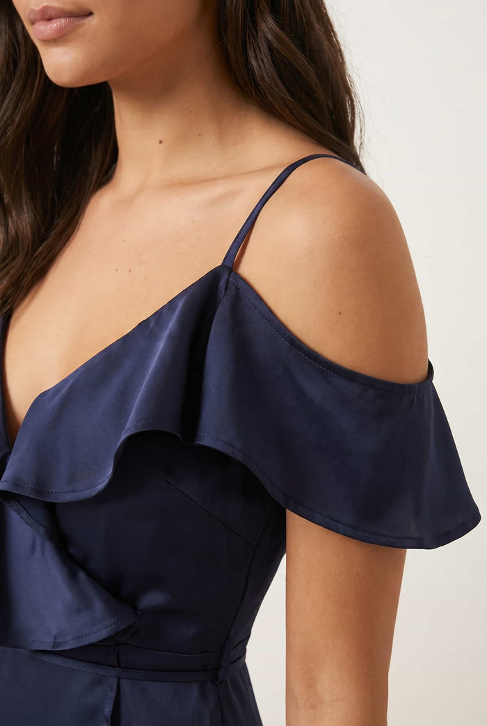 Cold Shoulder Midi Wrap Satin Dress / Navy