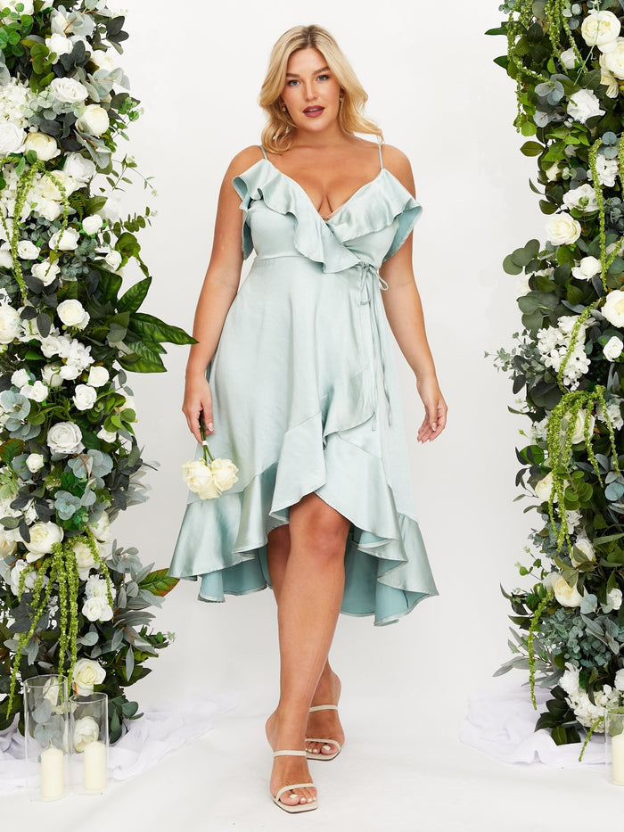 Cold Shoulder Midi Wrap Satin Dress / Sage - Style Cheat