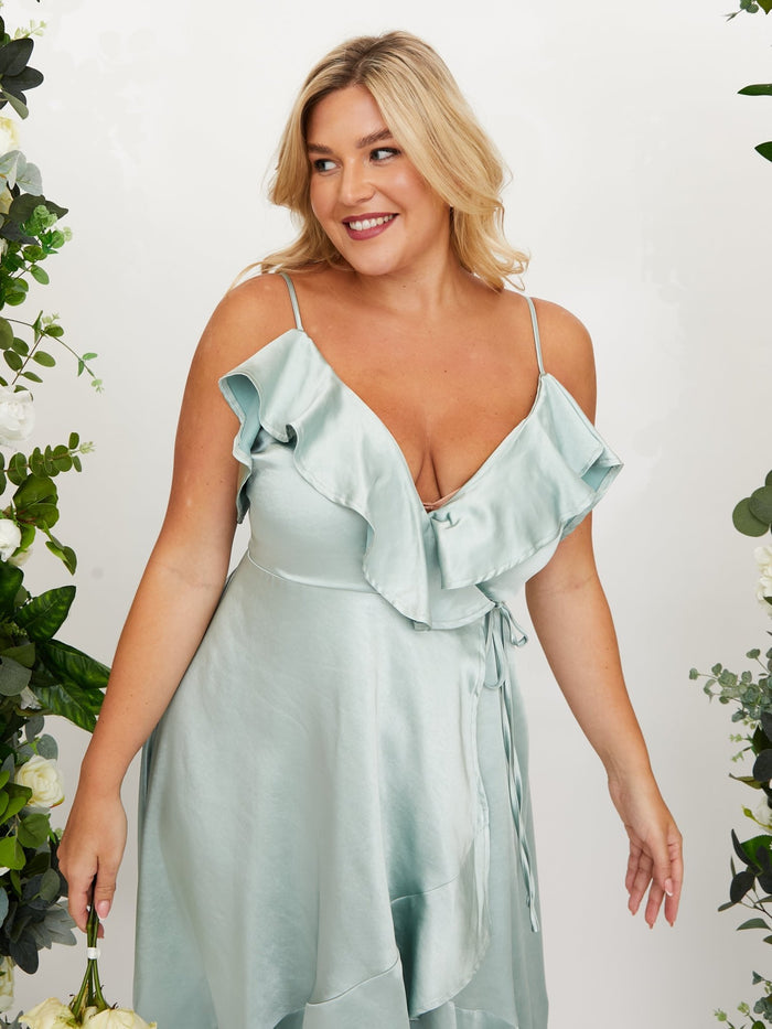Cold Shoulder Midi Wrap Satin Dress / Sage - Style Cheat