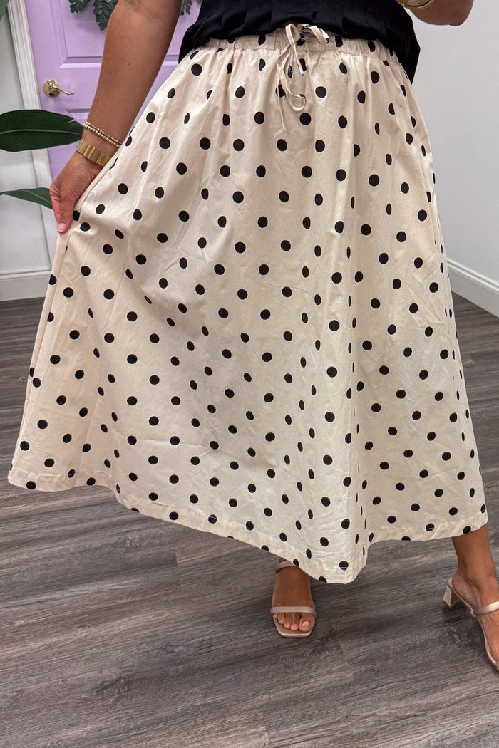 cream with black polka dot print elastic waist relaxed silhouette cotton poplin midi skirt