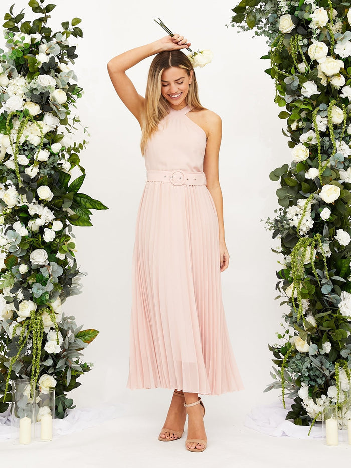 Cross Neck Pleated Midaxi Chiffon Dress / Blush - Style Cheat