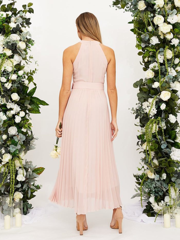 Cross Neck Pleated Midaxi Chiffon Dress / Blush - Style Cheat