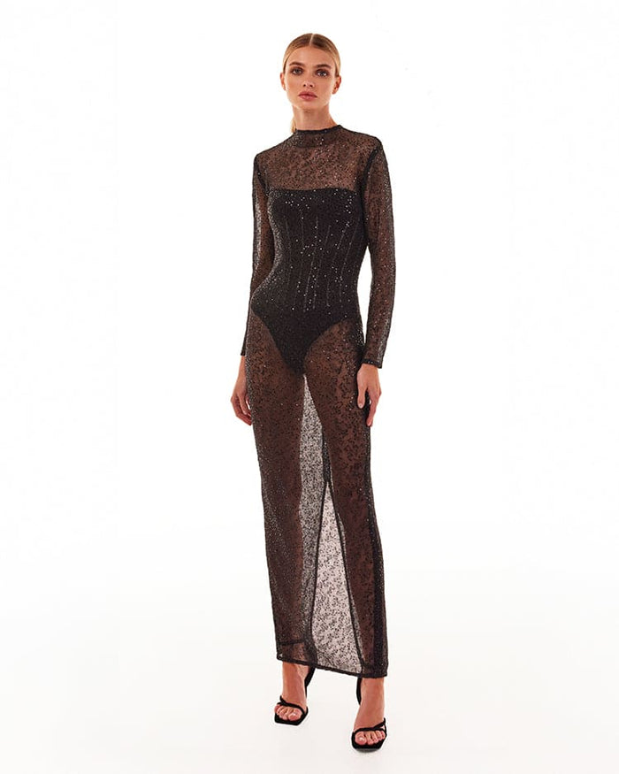 Crystal-embellished striking maxi dress