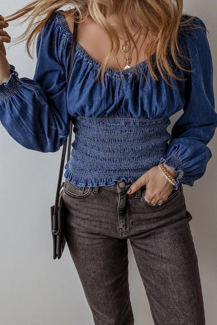 Dark Blue Smocked Ruffled Puff Sleeve V Neck Denim Blouse - Tops/Blouses & Shirts