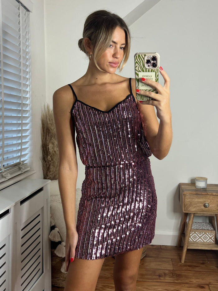 Daya Sequin V Neck Top / Stripe - Style Cheat