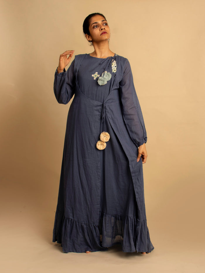 Blue Hand Embroidered Cotton Daywis Dress - OurDve
