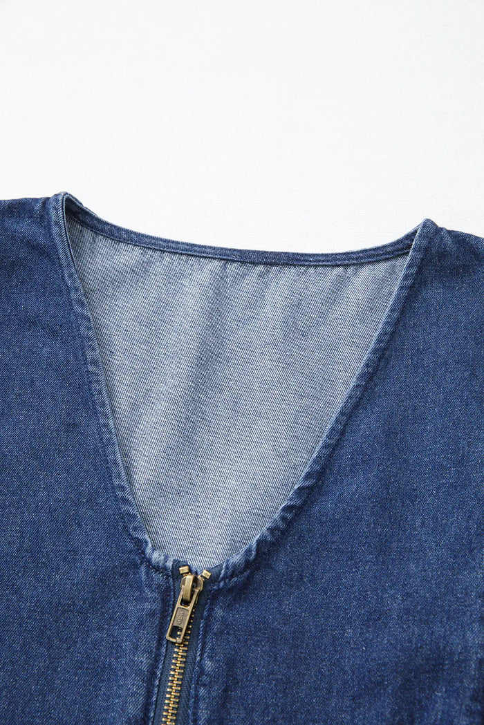 Sail Blue Denim Ruffled Zipped Front Belted Romper - Bottoms/Jumpsuits & Rompers