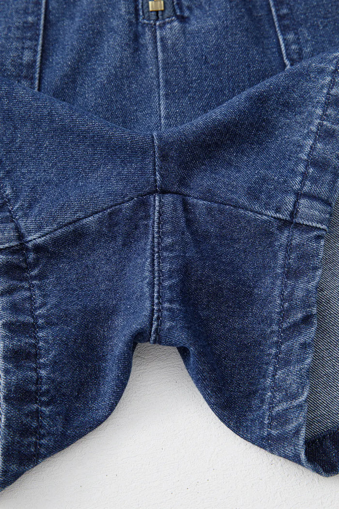 Sail Blue Denim Ruffled Zipped Front Belted Romper - Bottoms/Jumpsuits & Rompers