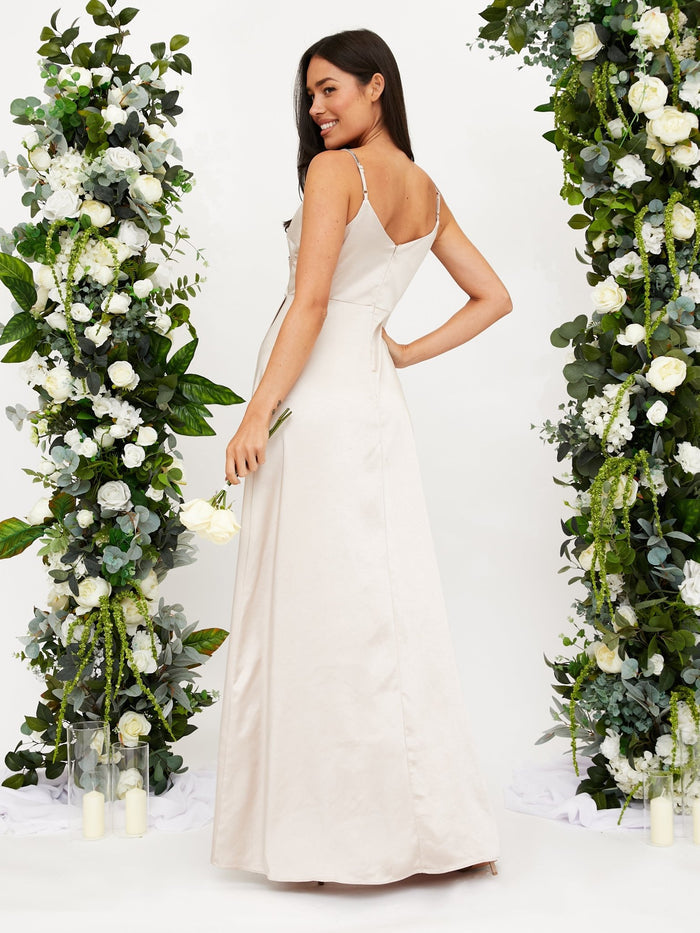Diamante Strap Maxi Satin Dress / Champagne - Style Cheat