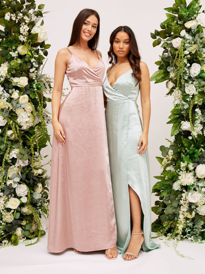 Diamante Strap Maxi Satin Dress / Sage - Style Cheat