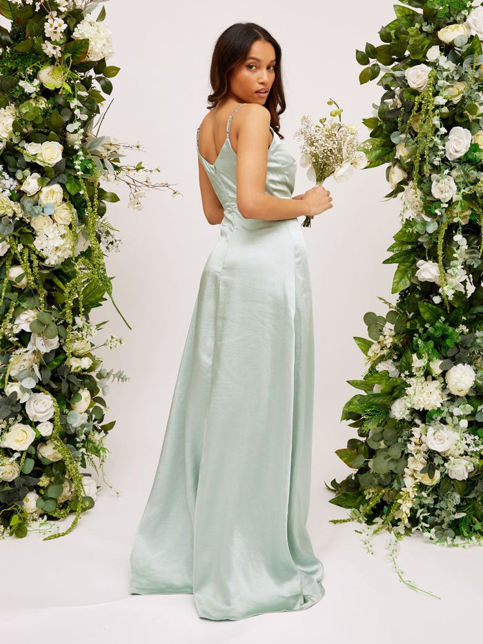 Diamante Strap Maxi Satin Dress / Sage - Style Cheat