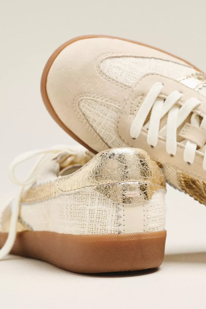 Women's Dolce Vita Merit casual sneaker in linen and gold leather