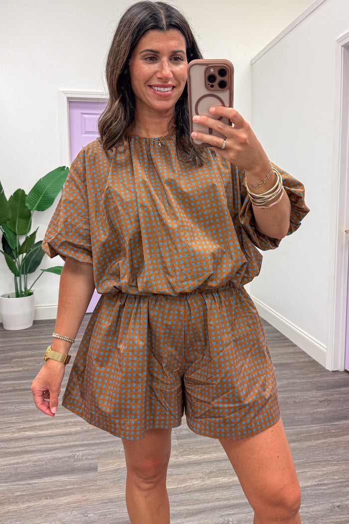 brown with small blue polka dot print bubble hem semi-cropped cotton poplin top