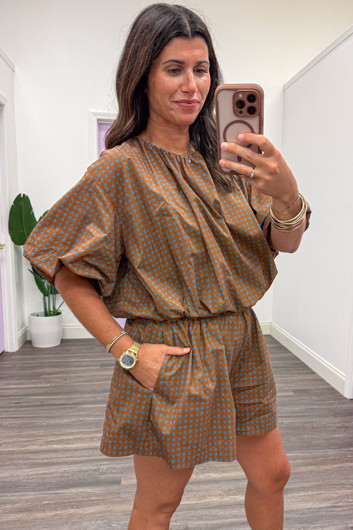 brown with small blue polka dot print bubble hem semi-cropped cotton poplin top with short puff sleeves