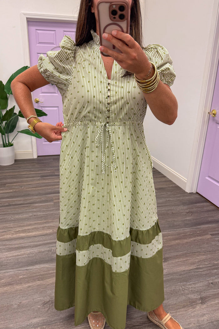 cream and olive green striped and polka dot print cinch waist relaxed silhouette midi dress