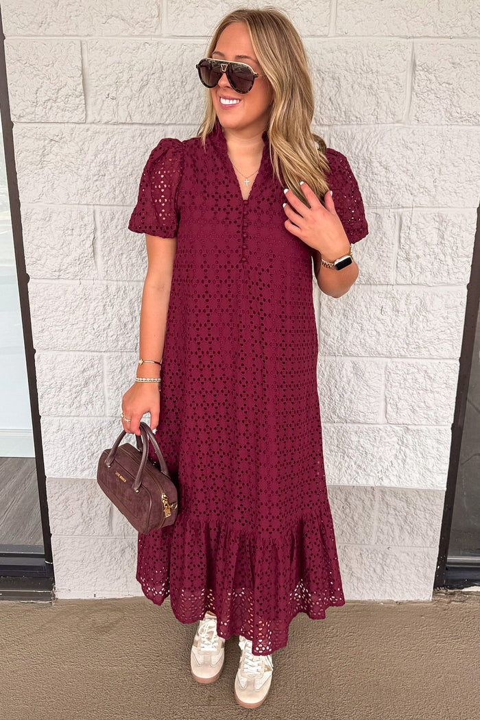 solid burgundy with embroidered eyelet details short sleeve maxi dress