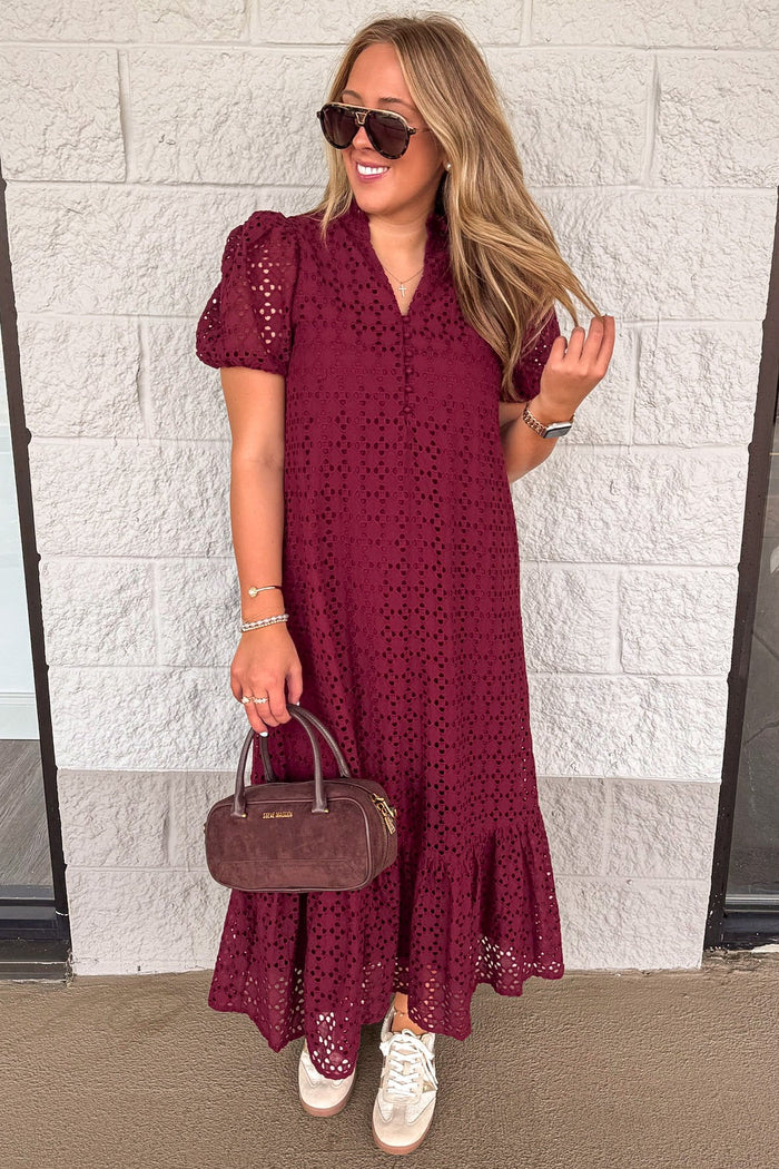 solid burgundy with embroidered eyelet details short puff sleeve maxi dress