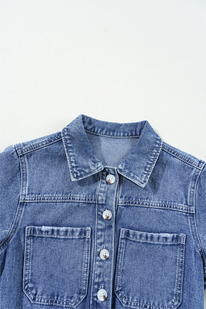 Dusk Blue Chest Pocket Front Buttoned Folded Edge Denim Short Sleeve Romper - Bottoms/Jumpsuits & Rompers
