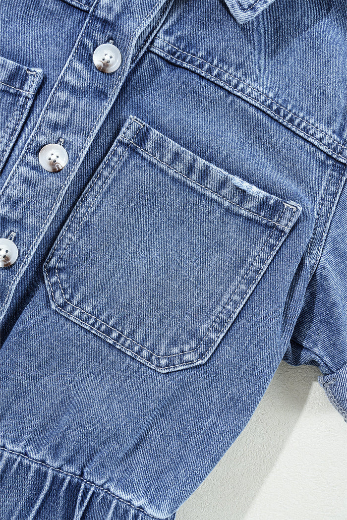 Dusk Blue Chest Pocket Front Buttoned Folded Edge Denim Short Sleeve Romper - Bottoms/Jumpsuits & Rompers