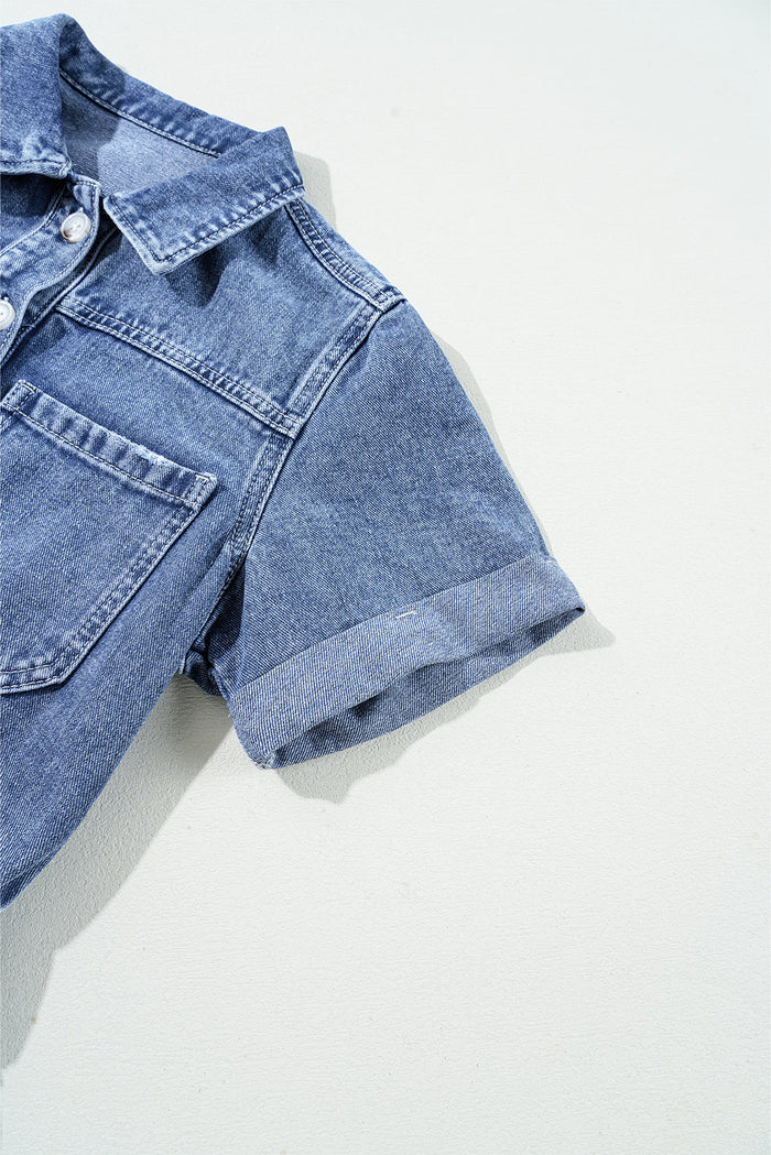 Dusk Blue Chest Pocket Front Buttoned Folded Edge Denim Short Sleeve Romper - Bottoms/Jumpsuits & Rompers