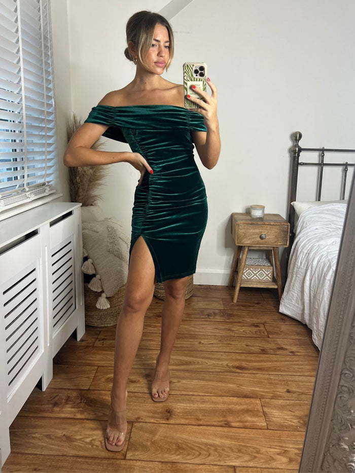 Esme Bardot Velvet Mini Dress in Green - Style Cheat