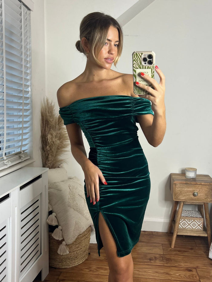 Esme Bardot Velvet Mini Dress in Green - Style Cheat
