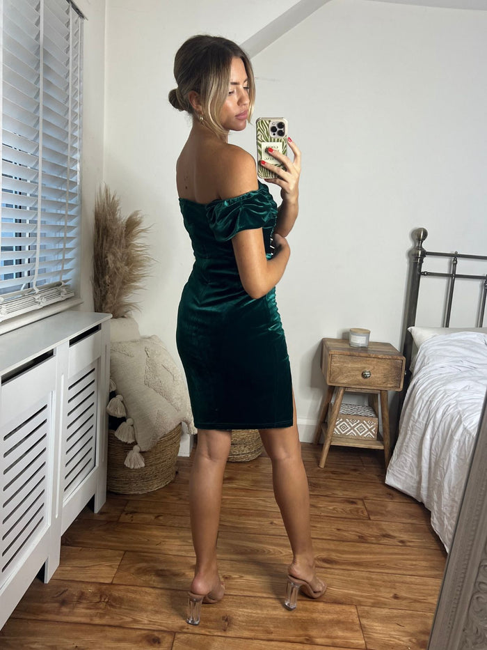 Esme Bardot Velvet Mini Dress in Green - Style Cheat