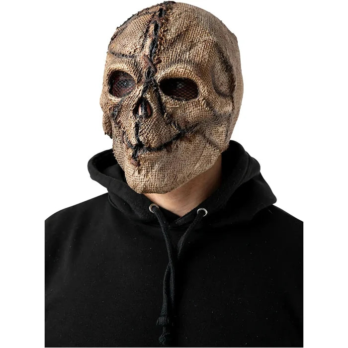 Adult wearing an evil scarecrow mask with jute cover and sticthing detail for Halloween fancy dress costumes