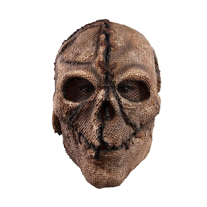 Close up of Evil Scarecrow Mask with hessian surface and black mesh in the eyes for horror fancy dress costumes
