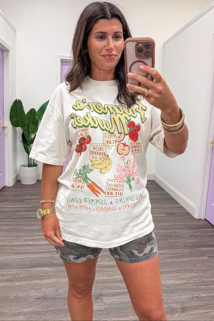 ivory with multicolored farmer's market menu graphic short sleeve crew neckline tee