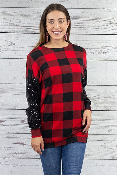 Fashion Red Buffalo plaid/sequin Top