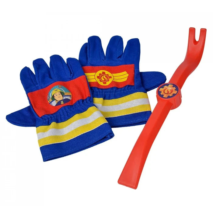 Pair of blue rigger gloves with Fireman Sam motif, and a red pretend crowbar for play fun