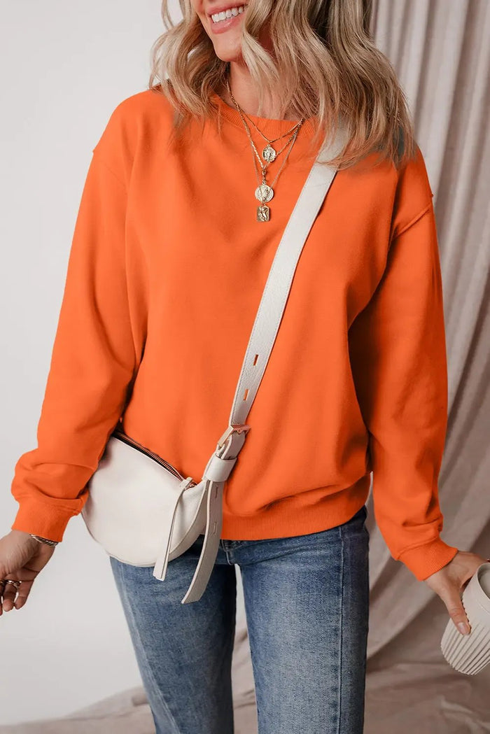 Russet Orange Solid Fleece Lined Drop Shoulder Terry Sweatshirt - Tops/Sweatshirts & Hoodies