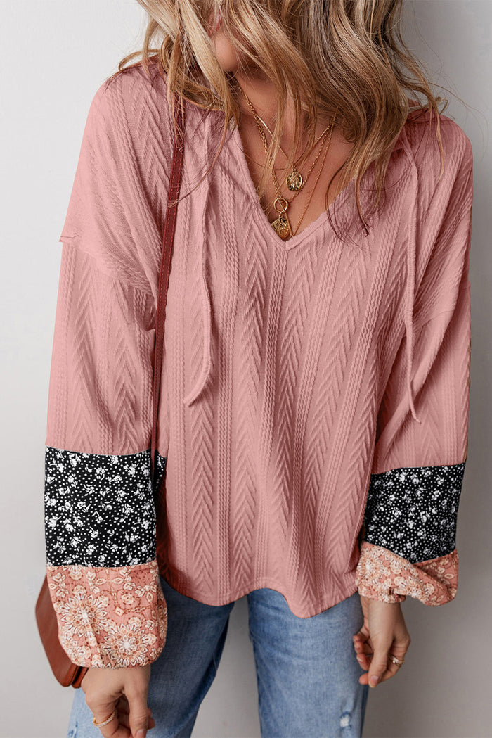 Floral Patchwork Textured Knit Drawstring V Neck Blouse - Pink / S / 97% POLYESTER + 3% ELASTANE - Tops/Long Sleeve Tops