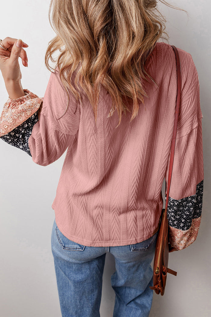 Floral Patchwork Textured Knit Drawstring V Neck Blouse - Tops/Long Sleeve Tops