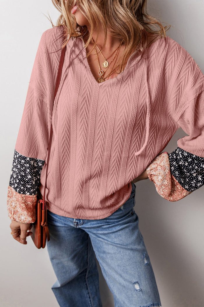 Floral Patchwork Textured Knit Drawstring V Neck Blouse - Tops/Long Sleeve Tops