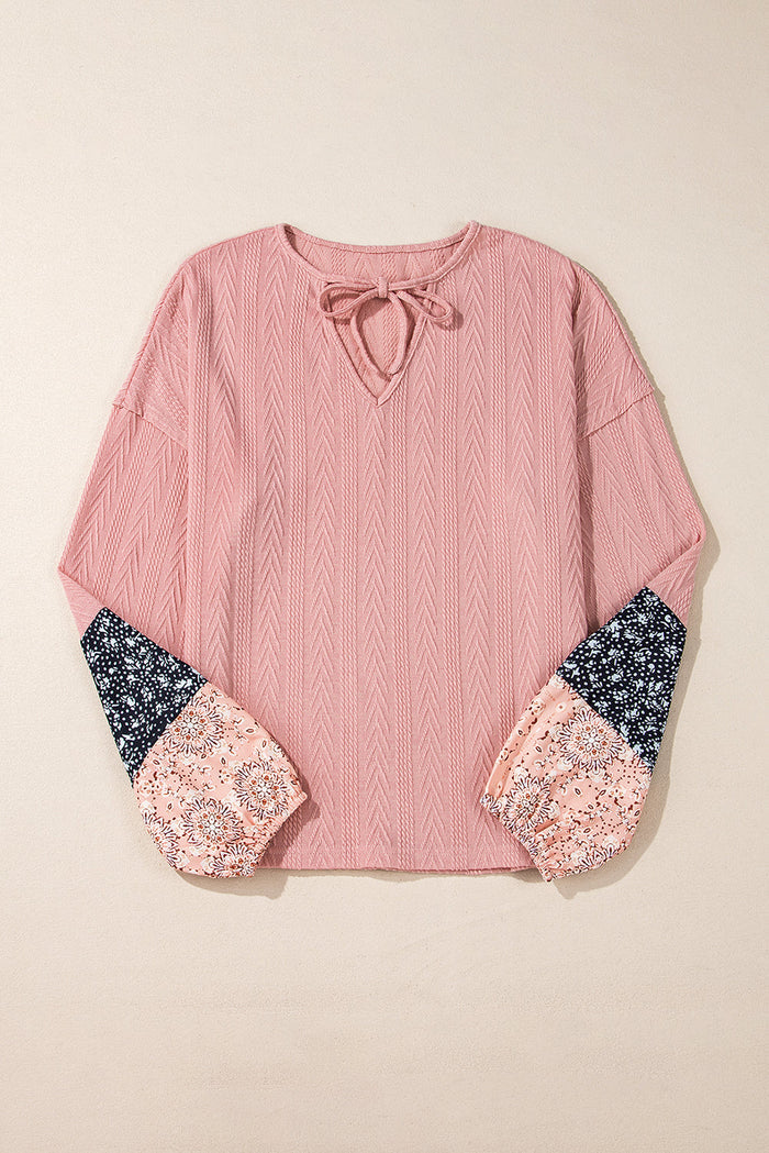 Floral Patchwork Textured Knit Drawstring V Neck Blouse - Tops/Long Sleeve Tops
