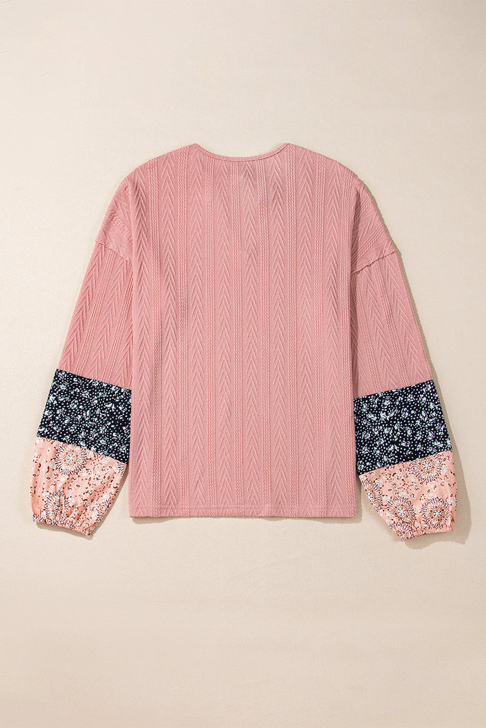 Floral Patchwork Textured Knit Drawstring V Neck Blouse - Tops/Long Sleeve Tops