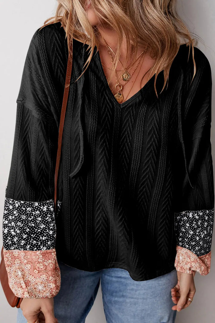 Floral Patchwork Textured Knit Drawstring V-Neck Long Sleeve Top - Tops/Long Tops