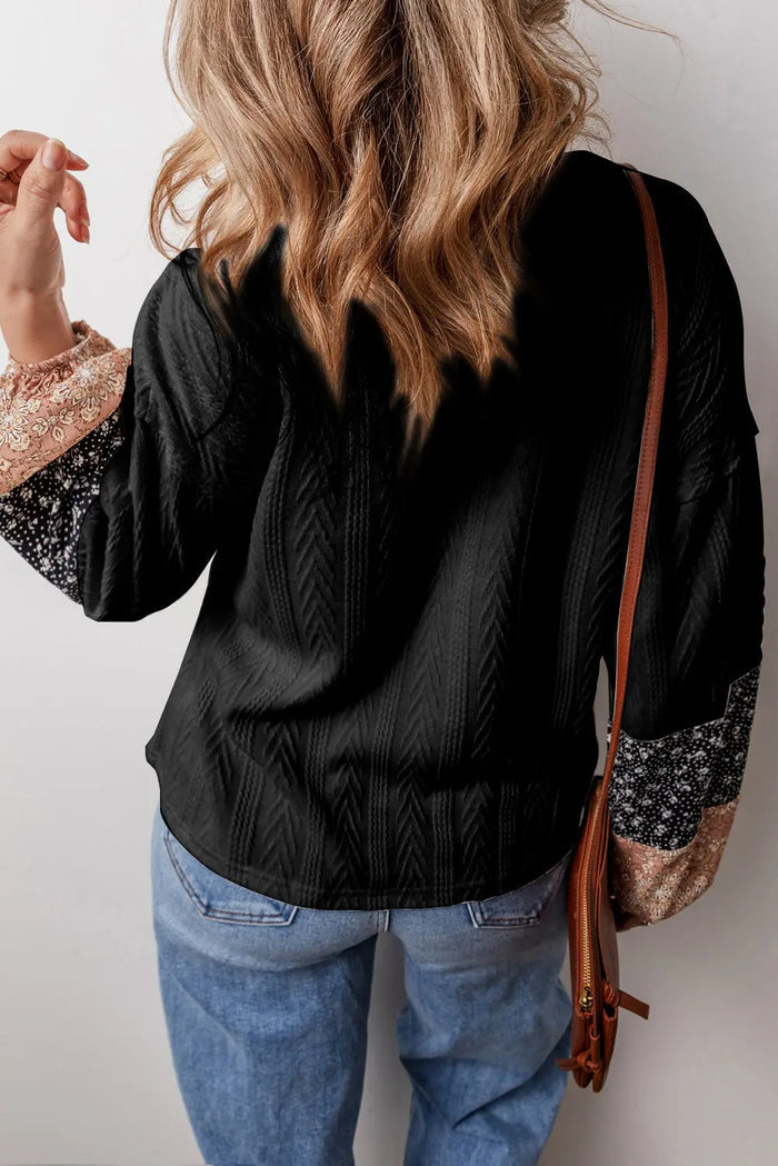 Floral Patchwork Textured Knit Drawstring V-Neck Long Sleeve Top - Tops/Long Tops