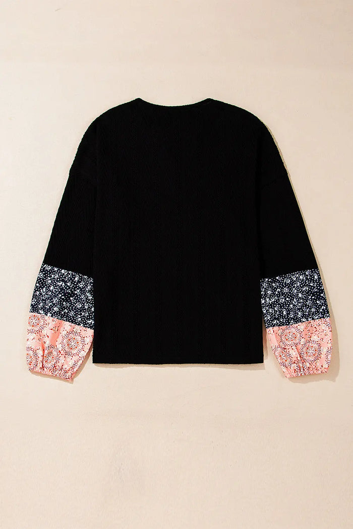 Floral Patchwork Textured Knit Drawstring V-Neck Long Sleeve Top - Tops/Long Tops
