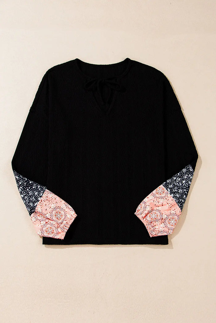 Floral Patchwork Textured Knit Drawstring V-Neck Long Sleeve Top - Tops/Long Tops