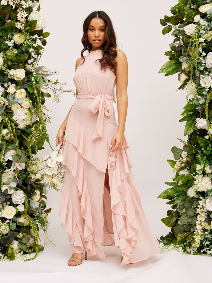 Frill High Neck Maxi Chiffon Dress / Blush - Style Cheat