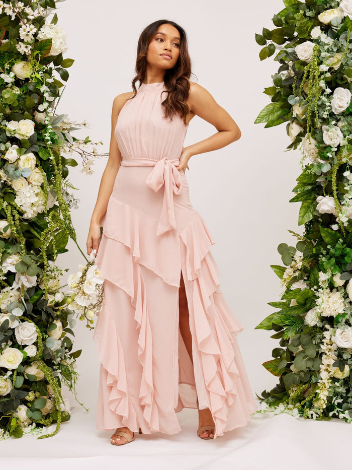 Frill High Neck Maxi Chiffon Dress / Blush - Style Cheat
