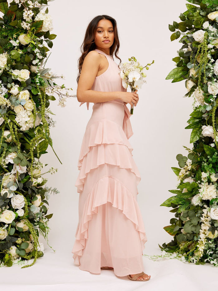 Frill High Neck Maxi Chiffon Dress / Blush - Style Cheat