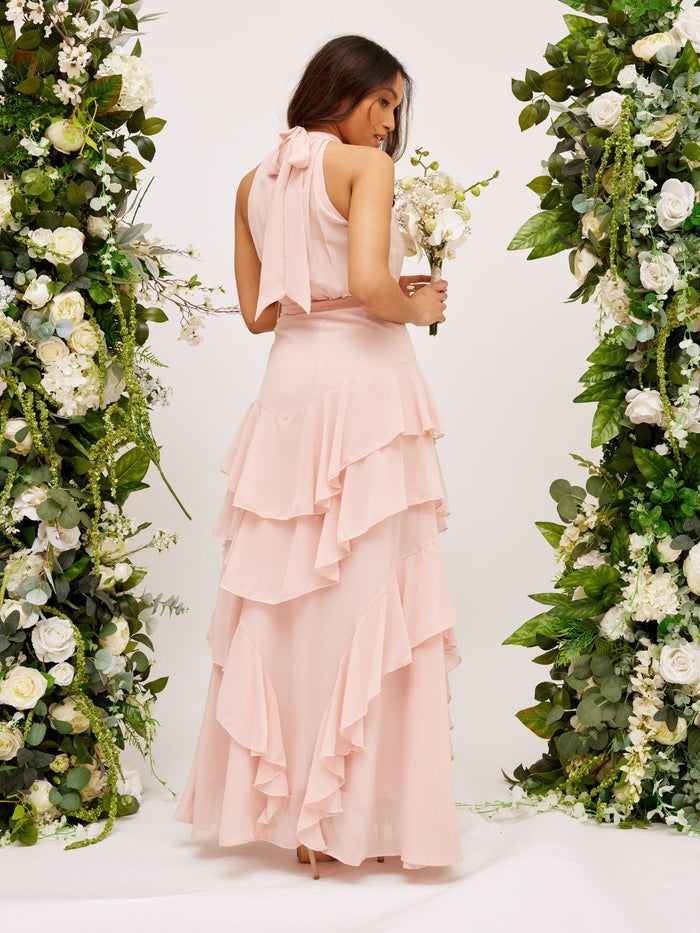 Frill High Neck Maxi Chiffon Dress / Blush - Style Cheat