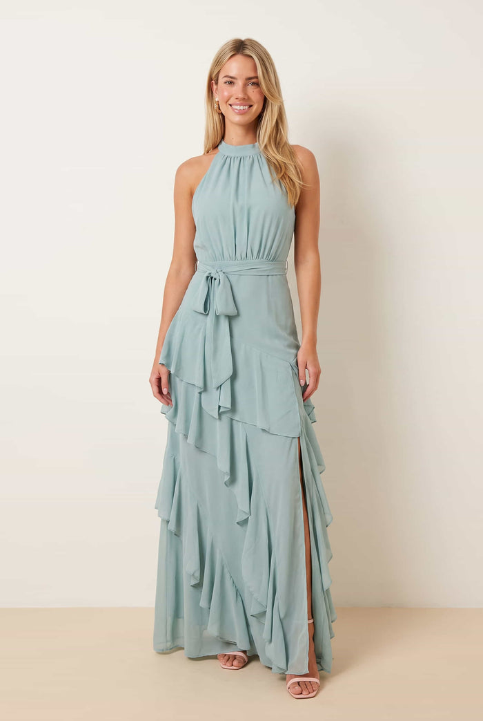 Frill High Neck Maxi Chiffon Dress / Sage