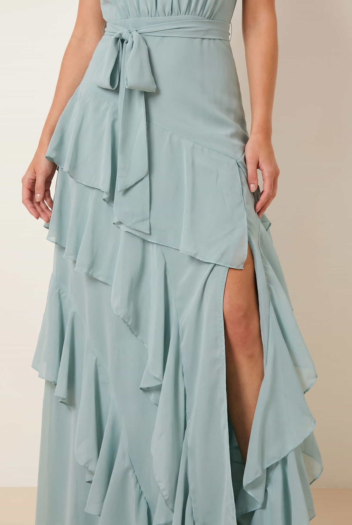 Frill High Neck Maxi Chiffon Dress / Sage